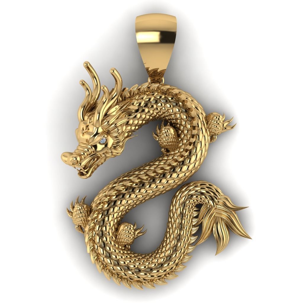 14K Solid Gold Dragon Pendant with Diamond Eyes 31 Grams / Dragon Necklace with Diamonds / Gold Diamond Dragon / Gift for Her / Gift for Him