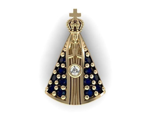 14K Solid Gold Nossa Senhora Aparecida Necklace / Diamond Nossa Arapecida Pendant with Diamonds and Blue Sapphires / Gift for Her