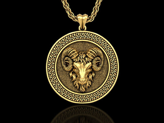 14k Solid Gold Aries Zodiac Sign Ram Medallion Pendant / Gold Ram Necklace / Zodiac Aries Round Necklace / Unisex Zodiac Pendant