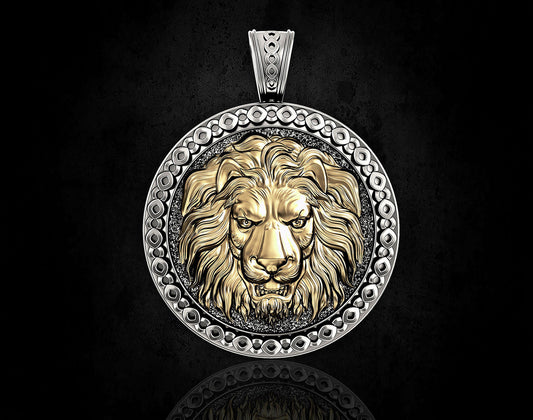 14K Solid Gold Round Lion Head Pendant / Lion Head Pendant / Unisex Lion Pendant / Great Gift Idea