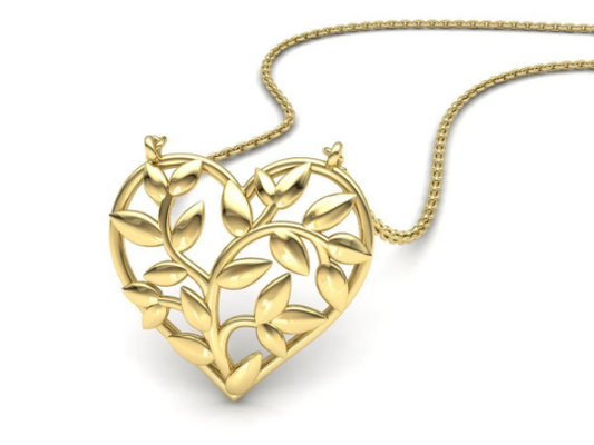 14K Solid Gold Heart with Leaves Design Pendant / Heart Necklace/ Gift for Her/ Gold Heart Necklace - JewelsnGlitters