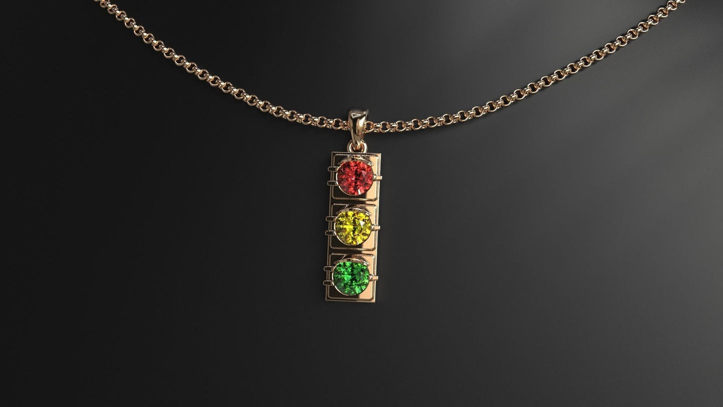 14K Solid Gold Traffic Light Pendant / Traffic Light Necklace for Her / Gold Traffic Light Pendant with Gem Stones / Gift for Her