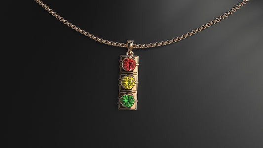 14K Solid Gold Traffic Light Pendant / Traffic Light Necklace for Her / Gold Traffic Light Pendant with Gem Stones / Gift for Her