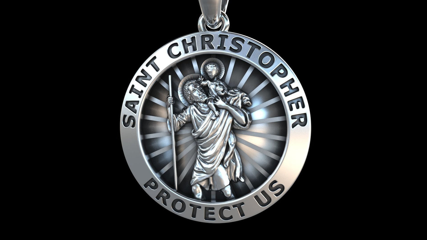 14K Solid Gold Saint Christopher Protect us Pendant 13.50 Grams / Gold Saint Christopher Necklace / Gold Round Gold St. Christopher Necklace