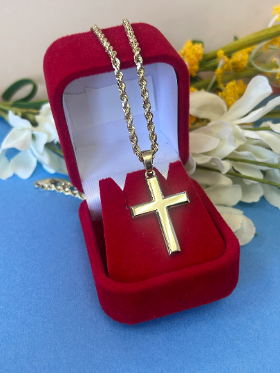 14K Solid Gold Cross Necklace / Crucifix Pendant / Religious Necklace For Women / For Men / Christian Pendant / 30mm X 22mm / 6 Grams - JewelsnGlitters