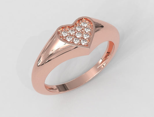 14k Solid Gold Heart Shape Diamond Signet Ring .10 Carat / Diamond Signet Ring / Gold Signet Ring for Her / Signet Diamond Ring