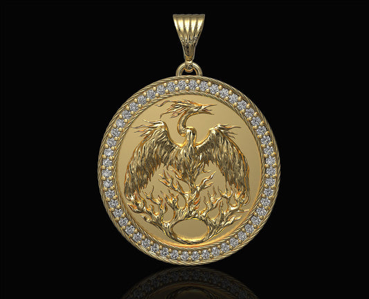 14k Solid Gold Phoenix Pendant with Diamonds / Diamond Phoenix Round Necklace / Diamond Phoenix Necklace / Diamond Phoenix Bird Jewelry - JewelsnGlitters