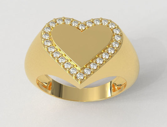 14k Solid Gold Heart Shape Diamond Signet Ring .26 Carat / Diamond Signet Ring / Gold Signet Ring for Her / Signet Diamond Ring