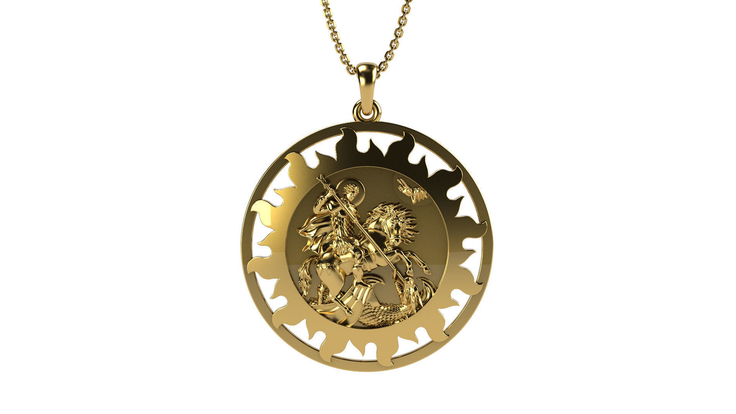 14K Solid Gold Saint George Devil Hunter Pendant 11 Grams / Gold Saint George Necklace / 14K Solid Yellow Round Gold St. George Necklace