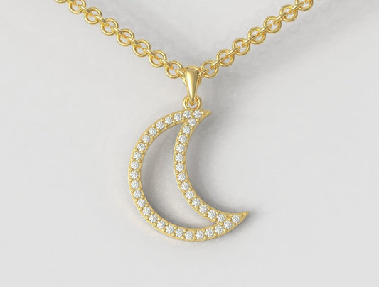 14K Solid Gold Moon Diamond Necklace / Crescent Diamond Necklace / Diamond Crescent Pendant / Diamond Moon Necklace / Gift for Her