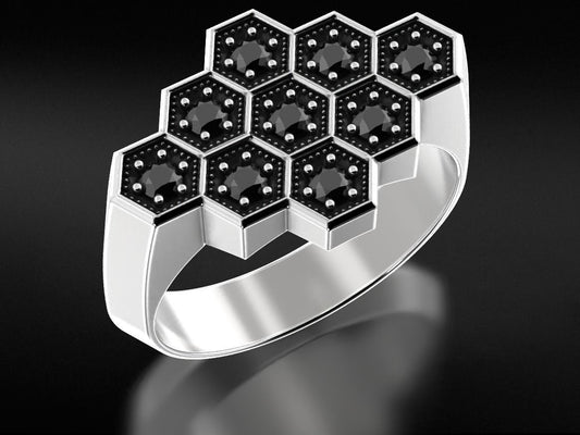 14K Solid Gold Black Diamond Honeycomb Hexagon Ring / Gold Hexagon Honeycomb Ring with Black Diamonds / Gold Honeycomb Black Diamond Ring