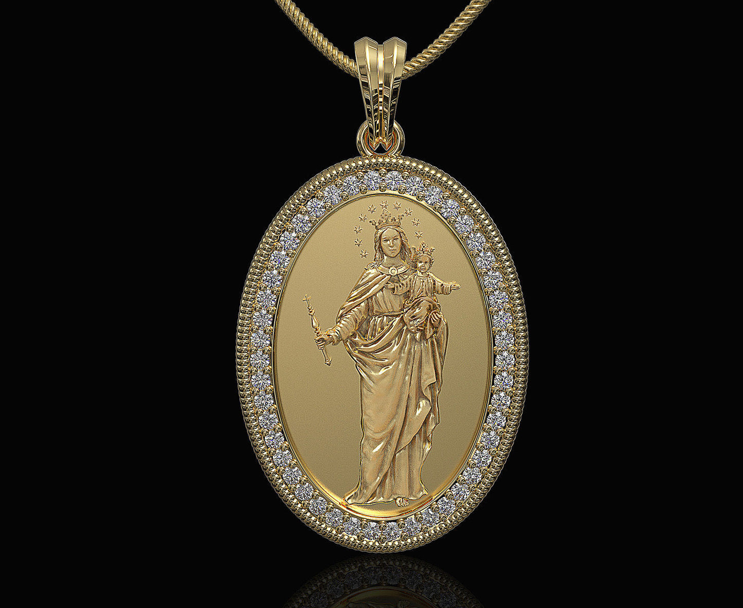 14K Solid Gold Saint Mary with Baby Jesus Pendant with Diamonds / Diamond Saint Mary with Baby Jesus Pendant / Gift for Her