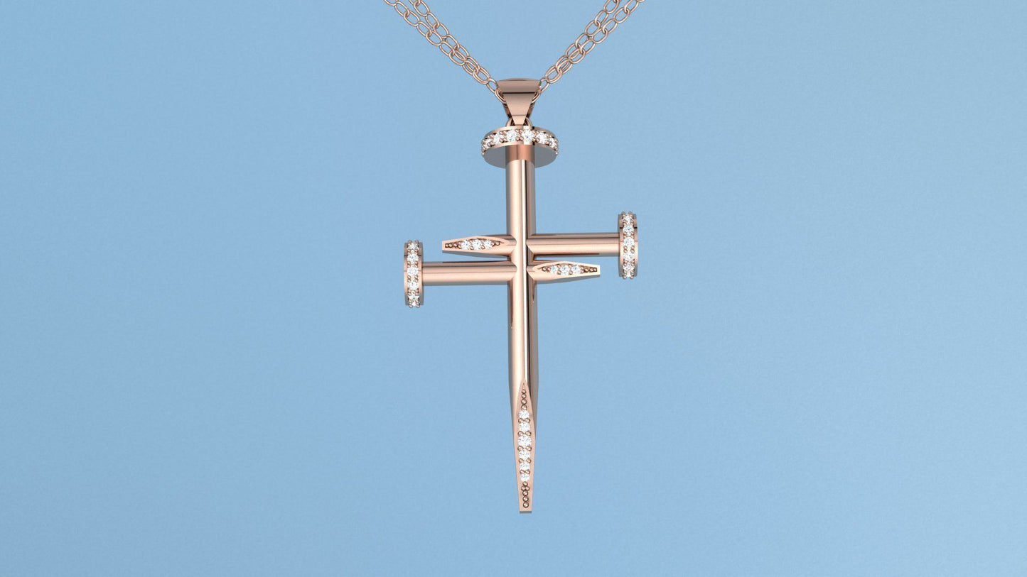 14k Solid Gold Nail Cross Necklace with Diamonds, Diamond Nail Cross, Nail Cross with Diamonds