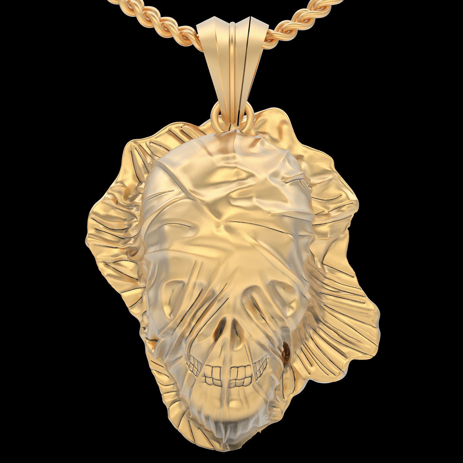 14k Solid Gold Skull hidden behind cloth pendant / Skull Pendant / Gold Skull Necklace 23mm X 33mm / 11 Grams / Great Gift idea - JewelsnGlitters