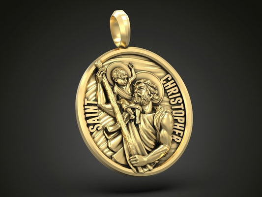 14K Solid Gold Saint Christopher and Baby Jesus / Saint Christopher Protect Me Pendant / Gold Saint Christiopher Religious Necklace / Unisex