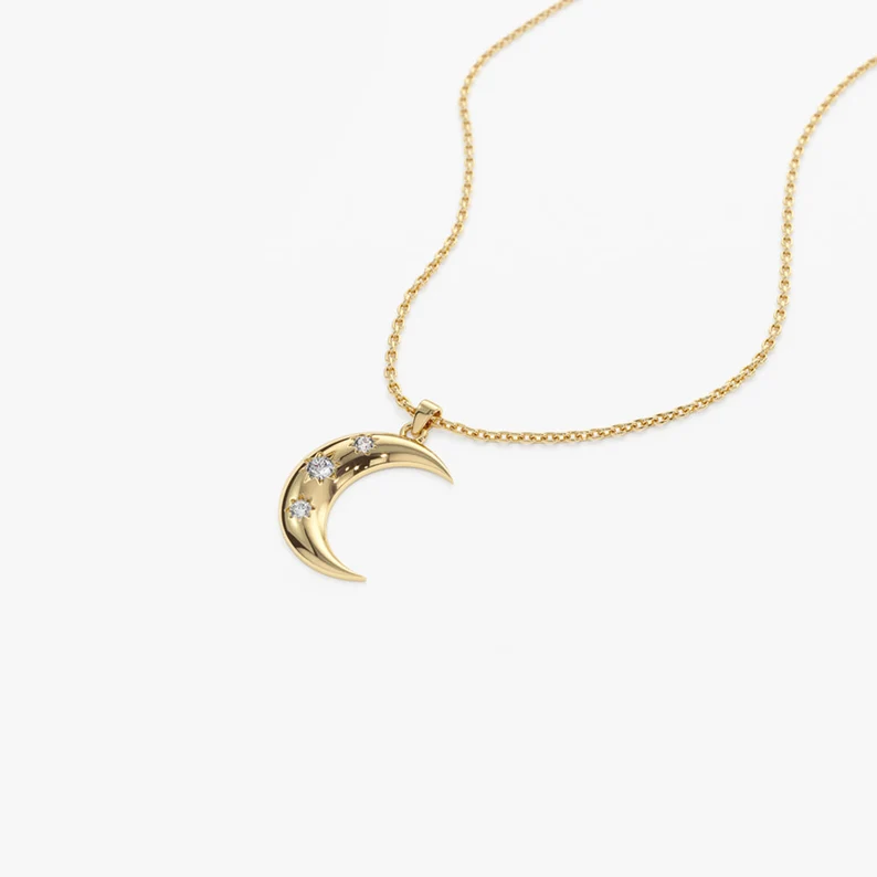 14k Solid Gold Diamond Crescent Necklace, Diamond Crescent Shape Necklace for Her