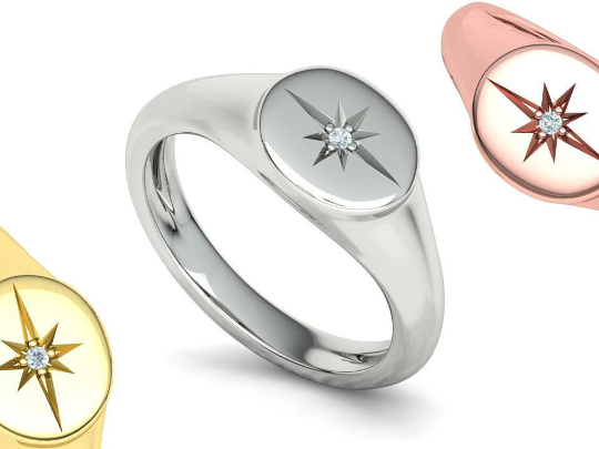 14k Solid Gold Signet Star Ring with REAL Diamond/ Pinky Statement Ring/Gift for Her - JewelsnGlitters