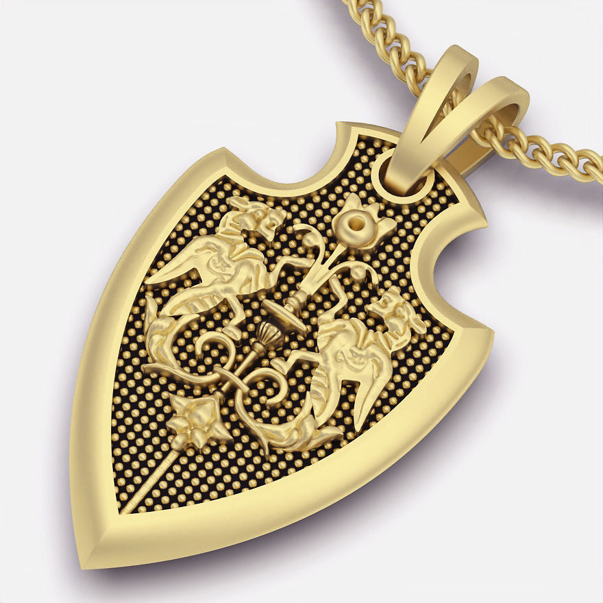 14K Solid Gold Shield Pendant with Lion 10 Grams / Shield Necklace with Lion / Unisex Shield Necklace /30mm X 19.50mm