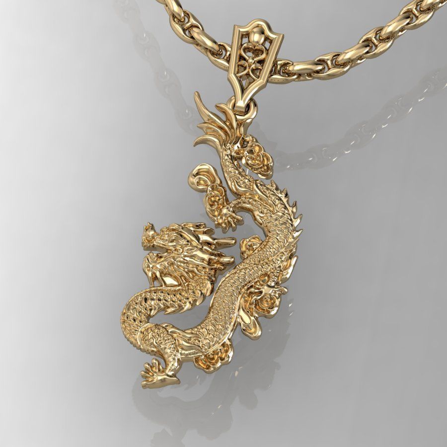 14K Solid Gold Dragon Pendant / Dragon Necklace / Gold Diamond Dragon / Unisex Dragon Pendant / 32mm X 16mm / Gift for Her / Gift for Him