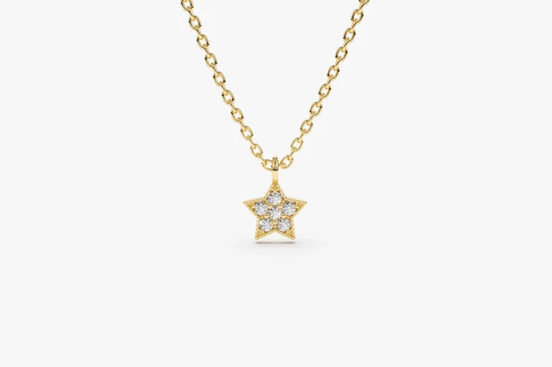 14k Solid Gold Star Diamond Necklace, Dainty Star Diamond Necklace for Her, Gift for Her