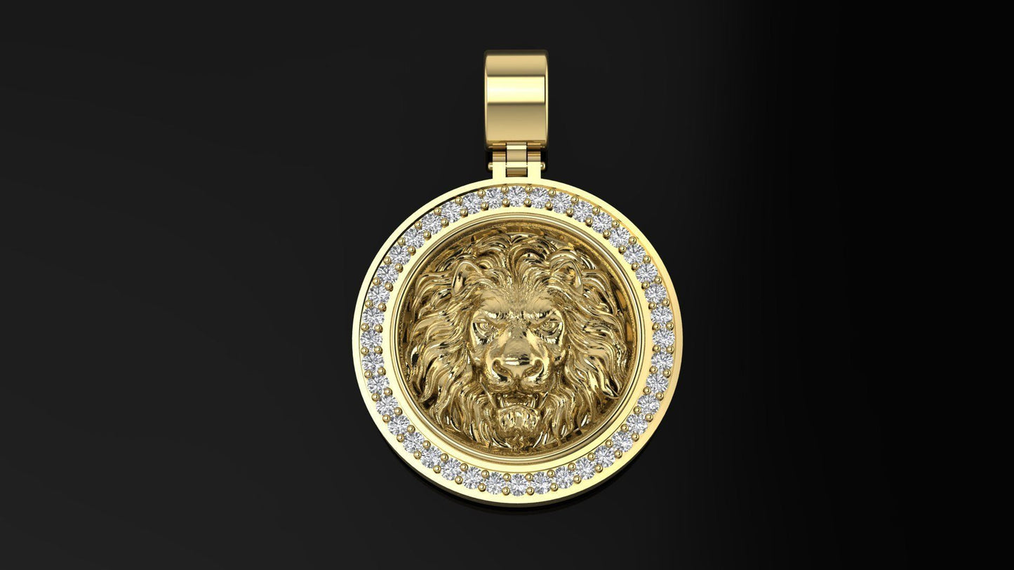 14k Solid Gold Lion Necklace with REAL Diamonds 0.60 Carat / Lion Head Pendant with Diamonds  25mm Diameter / Unisex Diamond Lion Pendant