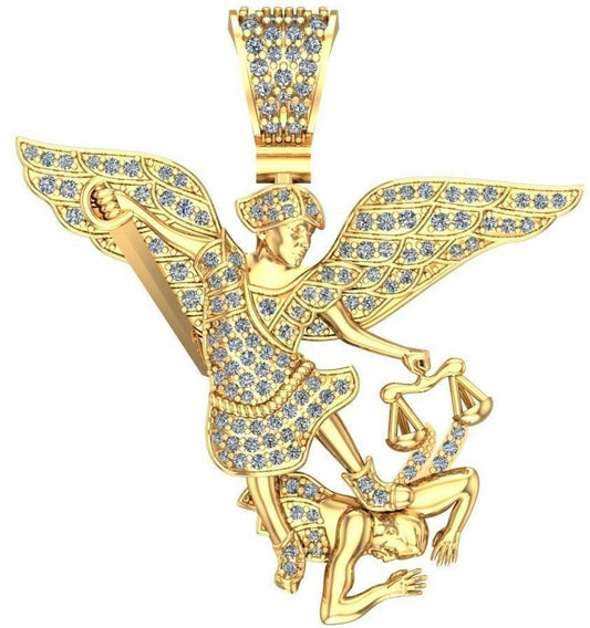 14K Solid Gold Diamond Archangel Michael Defeating Satan Bas Necklace / Archangel Michael Necklace with Diamonds / Archangel Beating Satan - JewelsnGlitters