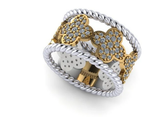 14K Solid Gold Two Tone Genuine Diamond Fashion Ring with Clovers/ Flower Ring with Diamonds