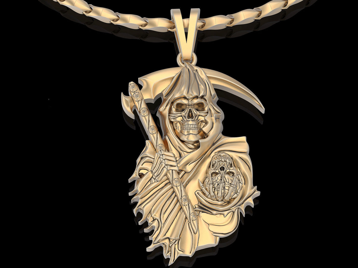 14K Solid Gold Angel of Death Pendant Gold Death Angel Necklace / Death Skull Pendant / Unisex Pendant