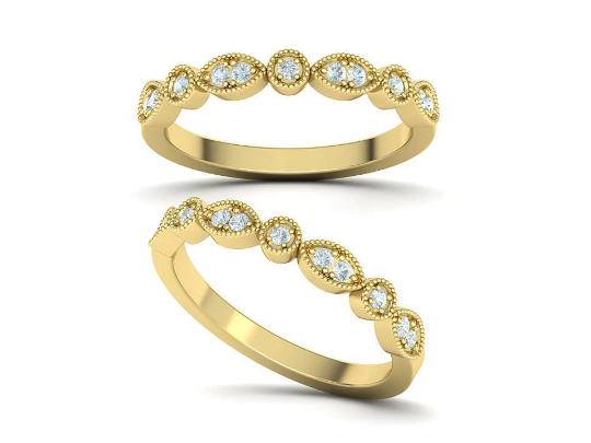 14K Solid Gold Milgrain Diamond Ring / Matching Diamond Band/ Milgrain Band with Diamonds/Gift for Her - JewelsnGlitters