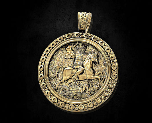 14K Solid Gold Saint George Devil Hunter Pendant 18 Grams / Gold Saint George Necklace / 14K Solid Yellow Round Gold St. George Necklace (Copy)