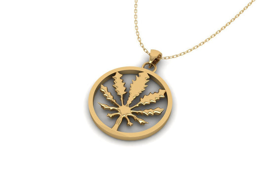 14K Solid Yellow Gold Round Marijuana Necklace / Gold Marijuana Weed Pendant / Unisex Marijuana Pendant / Gift for Her