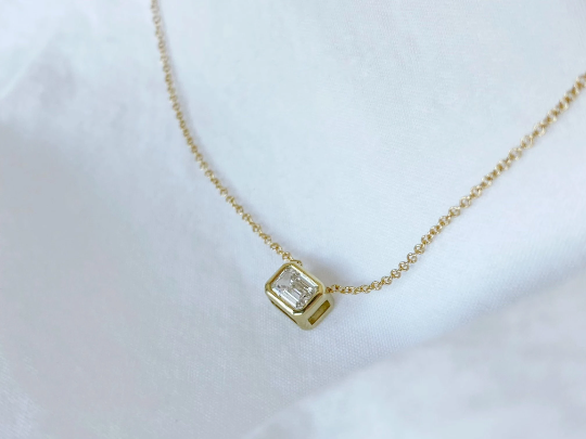 14K Solid Gold Diamond Bezel Set Necklace .30CT Emerald Cut with G.I.A. Certificate - JewelsnGlitters