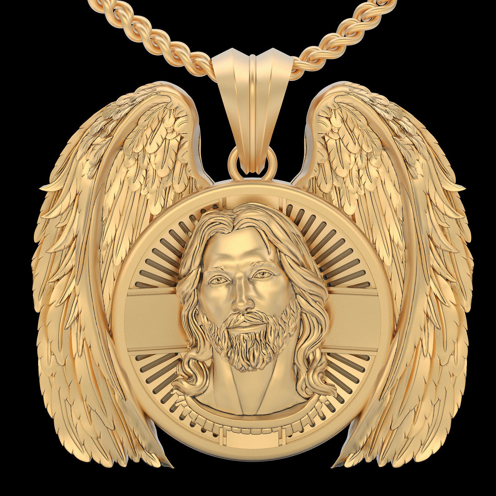 14K Solid Gold Jesus Angel Pendant / 14K Solid Yellow Gold Angel Jesus Necklace / 26.35mm Diameter / 20 Grams / Gift for Her - JewelsnGlitters