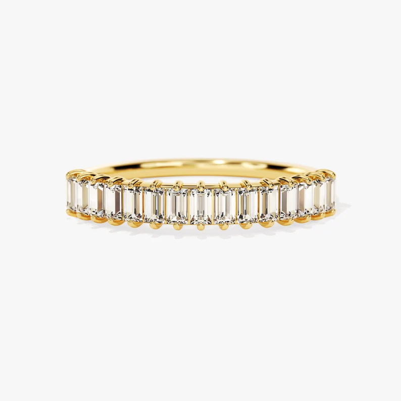 14k Solid Gold Baguette Diamond Wedding Band, Half Eternity Baguette Diamond Ring