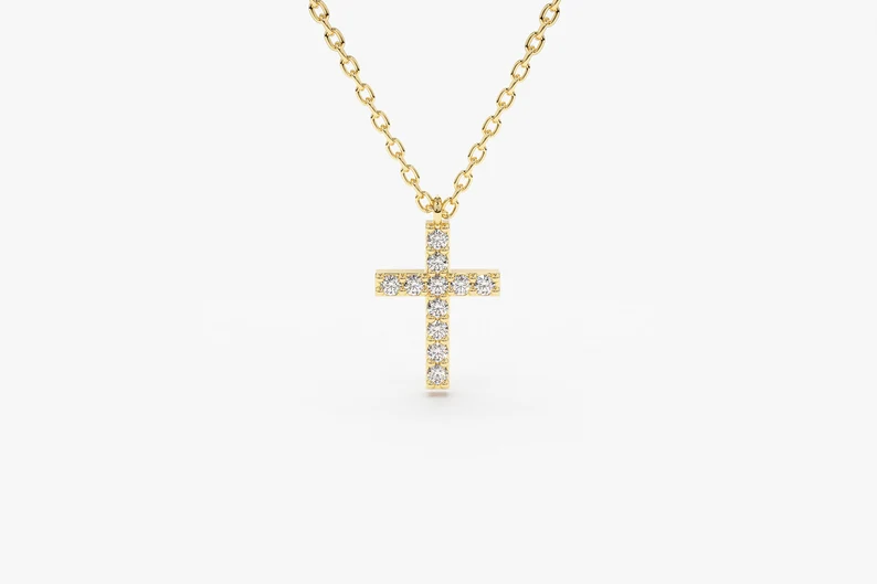 14k Solid Gold Diamond Cross Necklace, Diamond Cross Necklace for Her, Small Diamond Cross