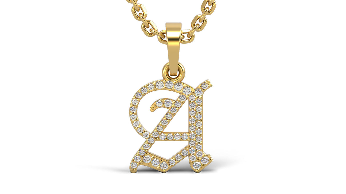 14K Solid Gold Old English Style Diamond Letter A Necklace / Diamond Initial Necklace / Diamond Pendant Letter A / Initial Unisex Pendant