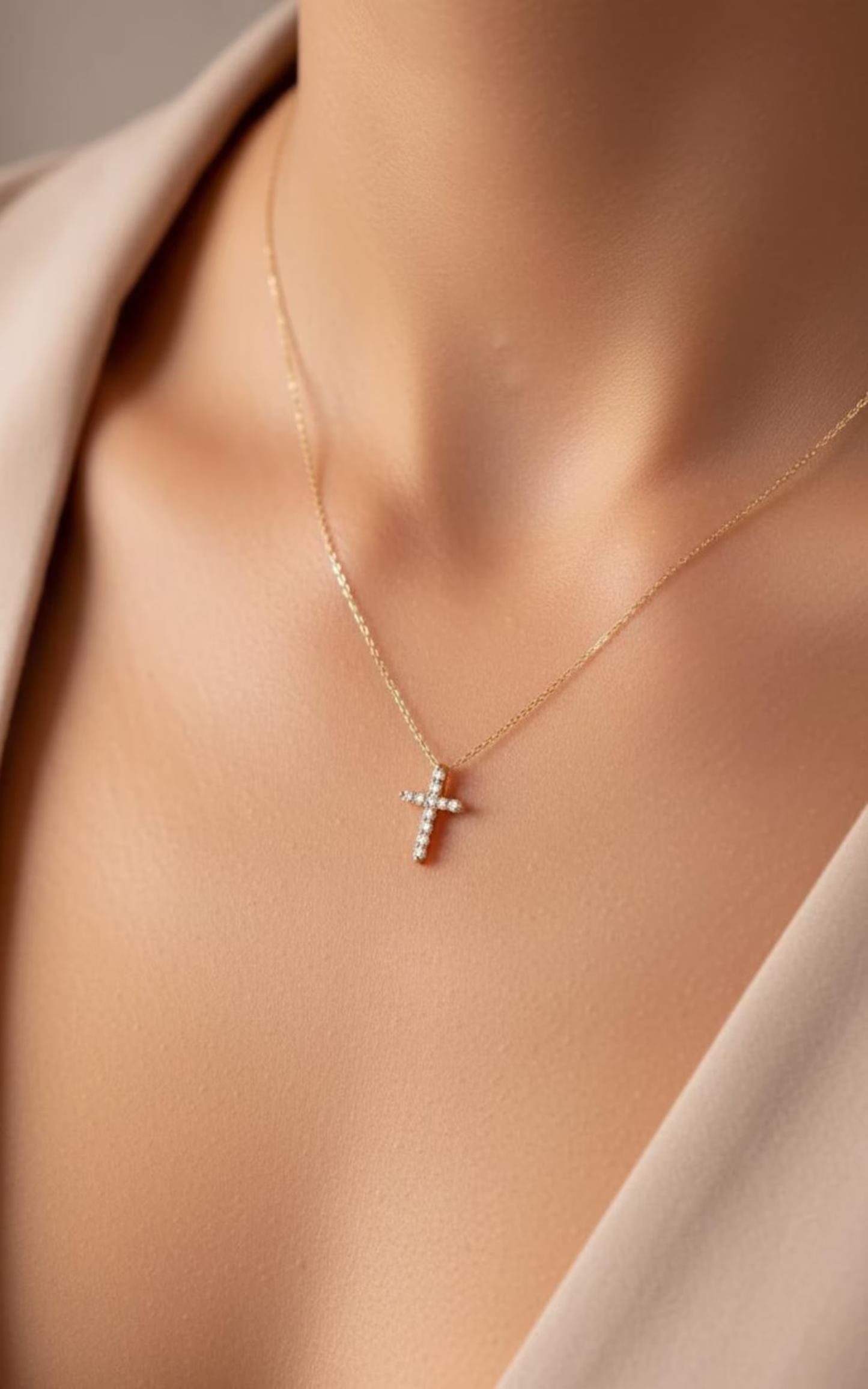 14k Solid Gold Diamond Cross | 0.15ctw | 11 Brilliant Diamonds | 13mm X 8mm White, Yellow, Rose Gold | Rolo Chain
