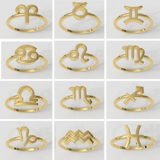 14K Solid Gold Zodiac Sign Ring / Horoscope Ring / Zodiac Sign Band / Horoscope Ring for Her / Gift for Her - JewelsnGlitters