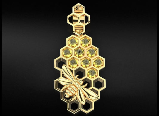 14K Solid Gold Honeycomb Pendant with Citrine / Honeycomb Pendant / Gift for Her