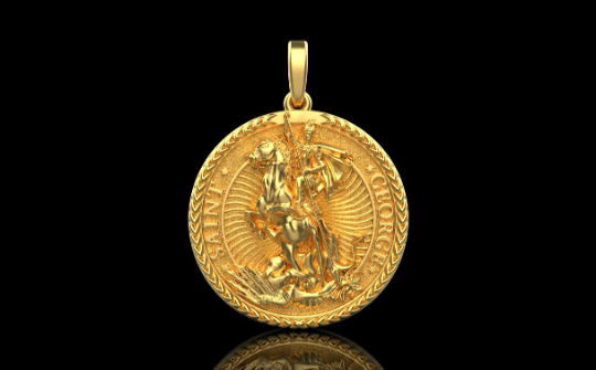 14K Solid Gold Saint George Dragon Hunter Pendant 14 Grams / Gold Saint George Necklace / 14K Solid Yellow Round Gold St. George Necklace