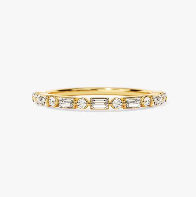 Gold Baguette & Round Diamond Half Eternity Wedding Band