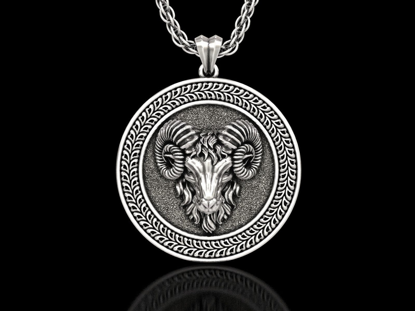 14k Solid Gold Aries Zodiac Sign Ram Medallion Pendant / Gold Ram Necklace / Zodiac Aries Round Necklace / Unisex Zodiac Pendant