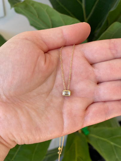 14K Solid Gold Diamond Bezel Set Necklace .30CT Emerald Cut with G.I.A. Certificate - JewelsnGlitters