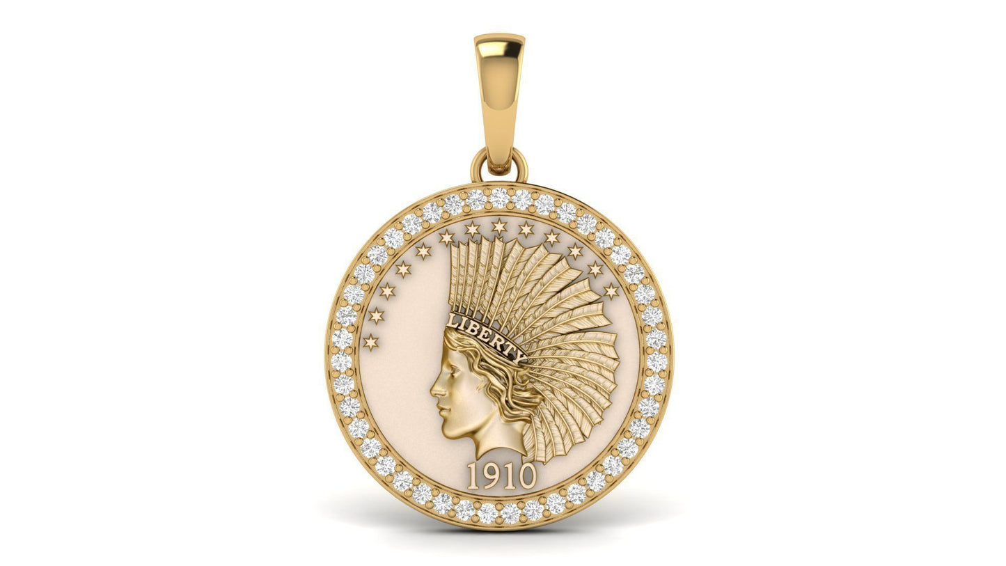 14K Solid Gold Round Liberty Pendant with Diamonds / Diamond Liberty Necklace / Liberty Round Diamond Medallion for Her / Gift for Her