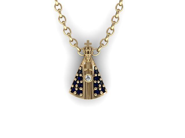 14K Solid Gold Nossa Senhora Aparecida Necklace / Diamond Nossa Arapecida Pendant with Diamonds and Blue Sapphires / Gift for Her