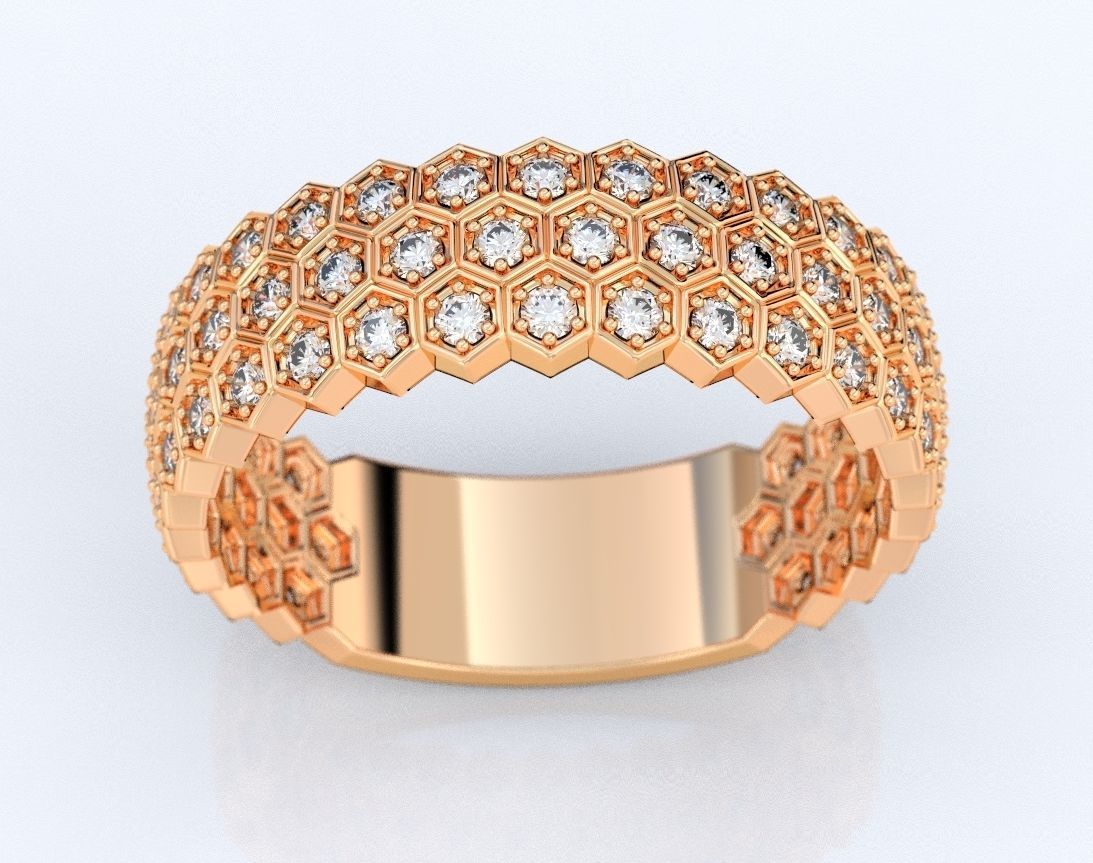 14K Solid Gold Diamond 3 Row Honeycomb Wedding Band / Gold Honeycomb Ring / Gold Honeycomb Diamond Ring / Honeycomb Lady's Ring