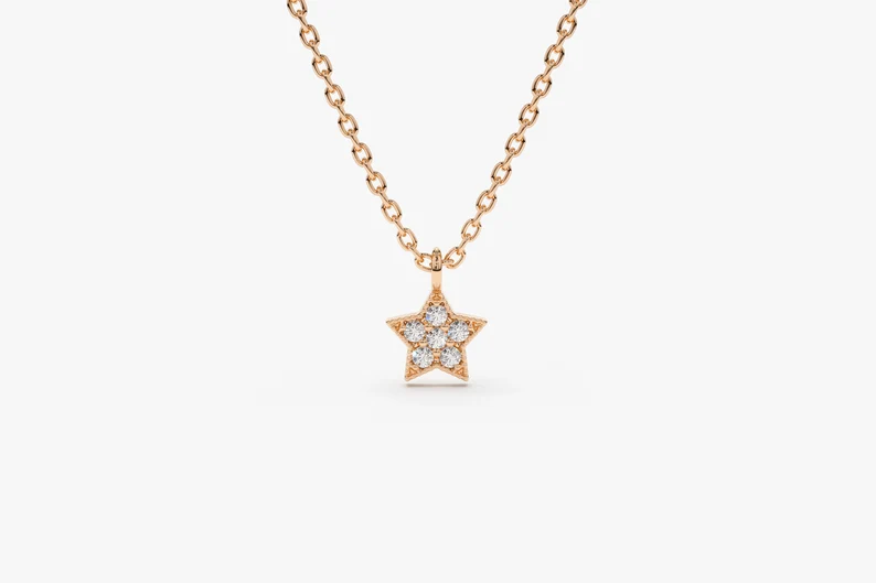 14k Solid Gold Star Diamond Necklace, Dainty Star Diamond Necklace for Her, Gift for Her