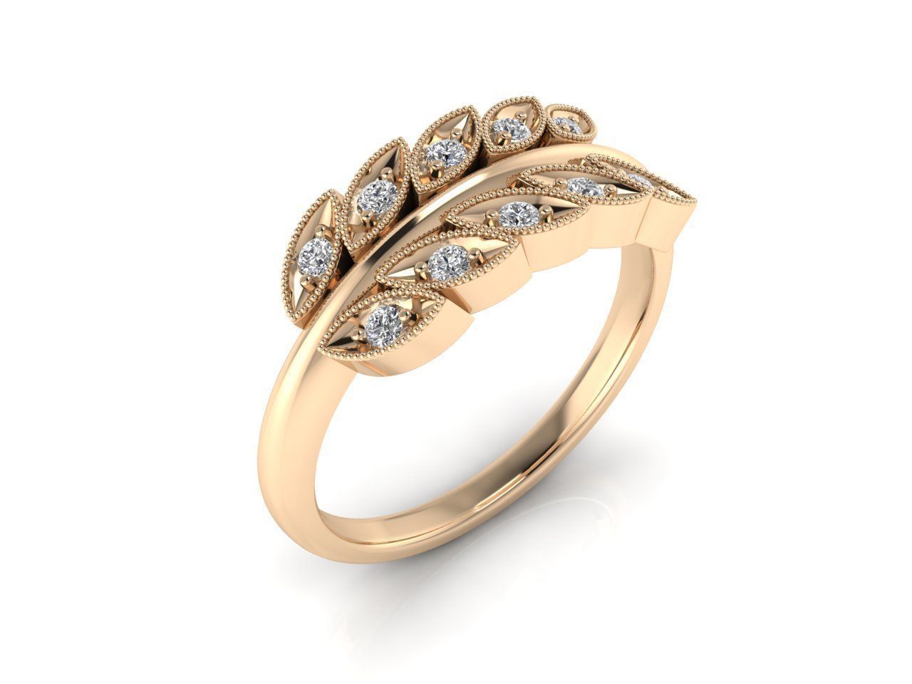 14K Diamond Solid Gold Leaf Design Diamond Ring / Leaf Design with Conflict Free REAL Diamonds / Diamond Ring / Gift for Her