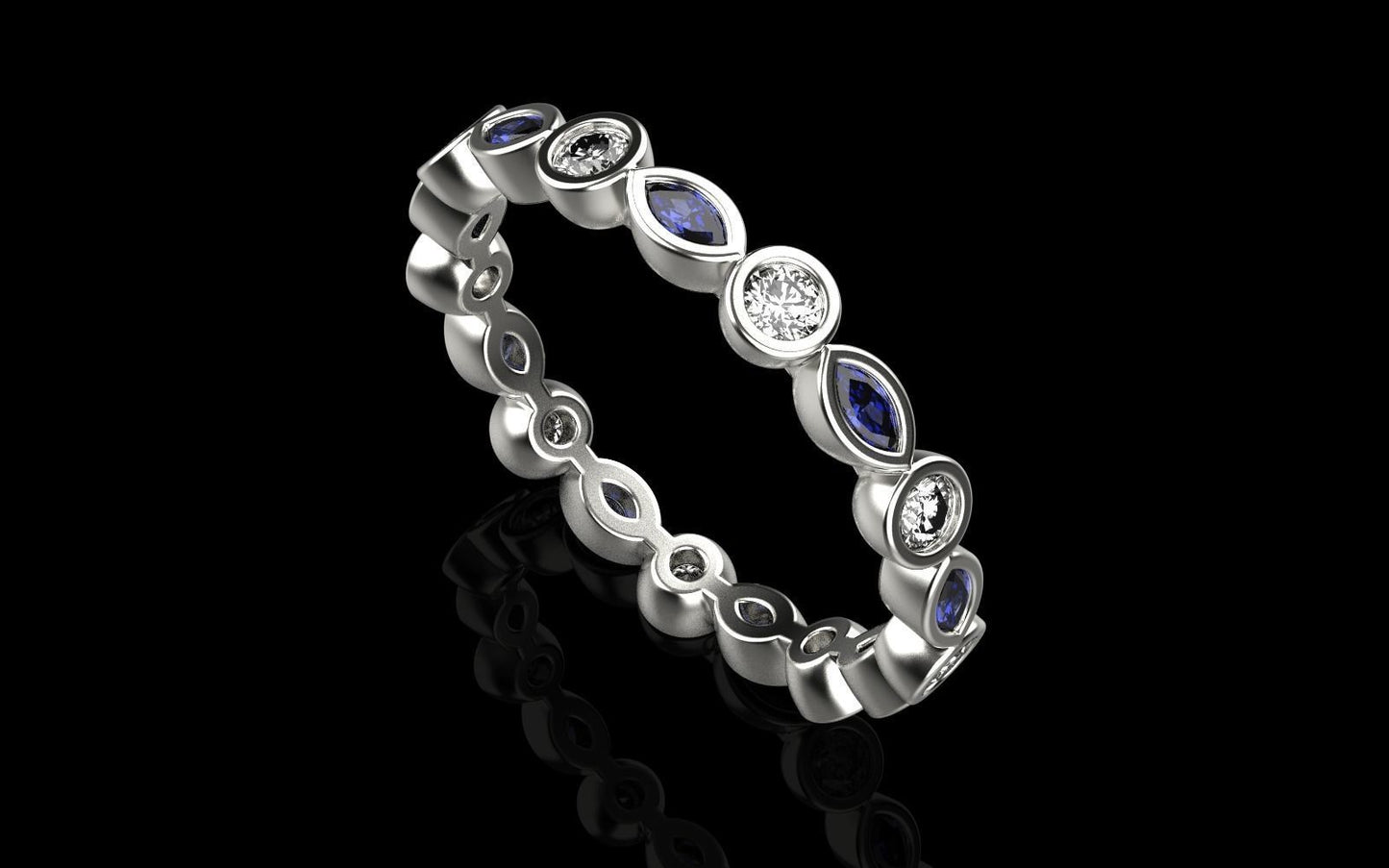 14K Diamond Solid Gold Marquise Eternity Ring / Blue Sapphire and Diamond Eternity Ring / Full Eternity Diamond Ring / Gift for Her