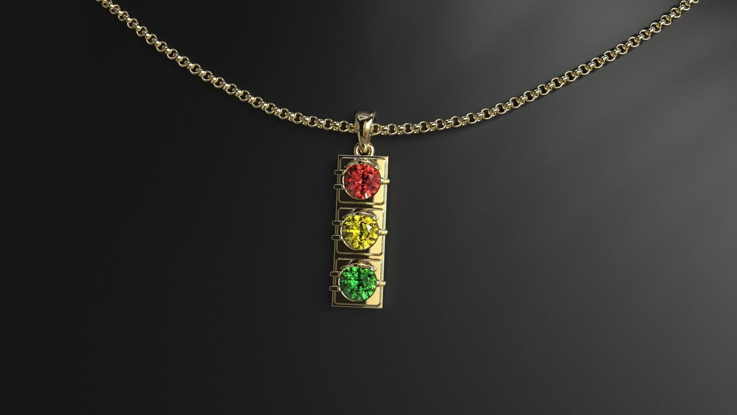 14K Solid Gold Traffic Light Pendant / Traffic Light Necklace for Her / Gold Traffic Light Pendant with Gem Stones / Gift for Her